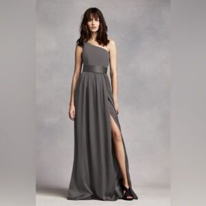 Vera Wang Charcoal Gray One-Shoulder Bridesmaid Dress with Satin Sash